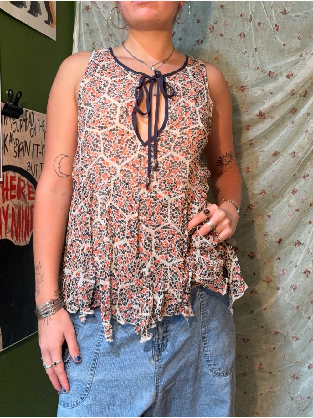 Free People Beige Floral Tie-Front Ruffle Hem Camisole with Navy Trim
